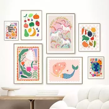 Холст с цветочным принтом и русалкой, постеры для детской комнаты, настенный художественный принт, «Счастливый день, девушка, цитаты», картина для детской комнаты, домашний декор 21x30cm No Framed белый