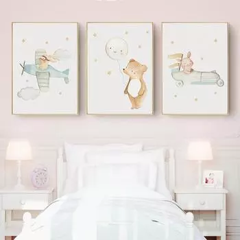 Холст с изображением водителя медведя, автомобиль, самолет, воздушный шар, детская настенная живопись, плакат с принтом, скандинавские настенные панно, декор для детской комнаты 21*30cm