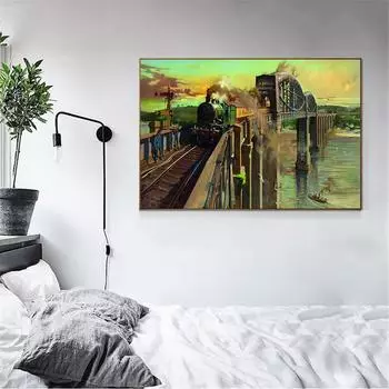 Холст с принтом постер с поездом, винтажное настенное искусство, ретро железнодорожный мост, настенные панно для украшения гостиной, автомобиль, абстрактная живопись 21cm30cm NoFrame