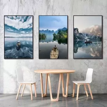 Холст с видом на озеро, природный пейзаж, горные лодки, плакаты и принты, настенное искусство для гостиной, спальни, домашний декор, плакат без рамки 21*30cm