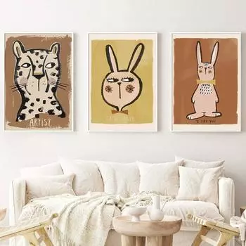 Холст с забавными животными, винтажный мультяшный настенный художественный принт, постер с леопардовым кроликом, изображение яблока для детской комнаты, домашний декор 21x30cm No Framed