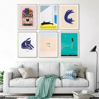 Холст в скандинавском стиле, настенная живопись с зеленой дверью и принтом кота, забавные классические настенные художественные постеры с животными, фотографии, декор для гостиной 21cm30cm NoFrame