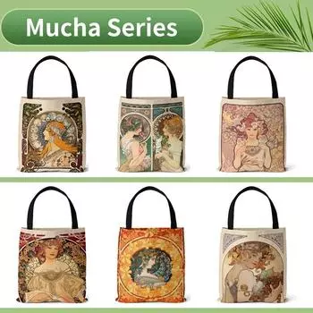 Холстовая большая сумка с плакатом серии Mucha, ретро-сумка на плечо, женская сумка с цифровой печатью и верхней ручкой