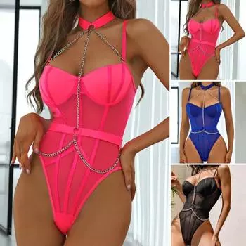 Холтер с открытой спиной, регулируемые бретели, беспроводное боди без подушечек, одежда для сна, прозрачная сетчатая цепочка, декор, облегающее боди, нижнее белье M