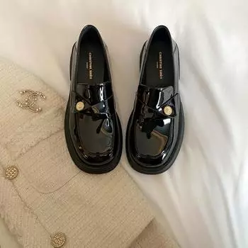 Holwartz~ Small Gold Coins Platform Heel Lazy Thick Heel Loafers Women s Small Leather Shoes 34