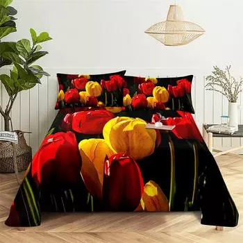 Home Bedsheets Pink Tulip Single Bedsheet Fashion Design Flowers Sheets Queen Size Bed Sheets Set Bed Sheets and Pillowcases 150X230cm(2Pcs)