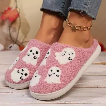 Home cute cartoon ghost winter cotton slippers halloween new comfortable men and women couple thick bottom warm cotton mop розовый