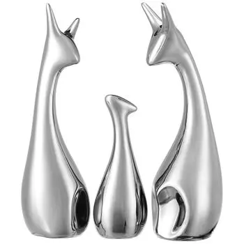 Home Decor Happy Silver Deer Statue Family Piano Finish Ceramic Figures (Set of 3, Silver)