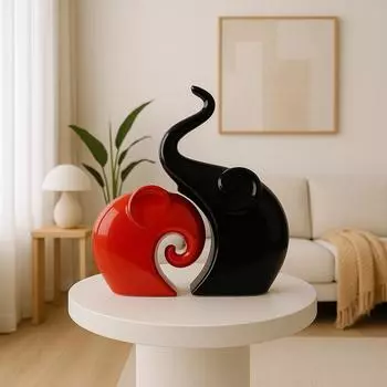 Home Decor Lucky Charm Elephant Couple | Piano Finish Ceramic Figures- (Set of 2 Piece, Red & Black)