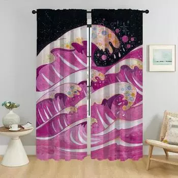 Home Interior Curtains 2 Pieces Wave Sun Halloween Decoration Blackout Curtain for Room 2 Panel Shades Tulle for Bedroom Living W50xH70cmx2pcs