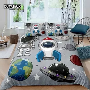 Home Living Luxury 3D Astronaut Bedding Set Kids Duvet Cover Pillowcase Rocket Bedding Set Queen and King EU/US/AU/UK Size EU single(135x200cm)