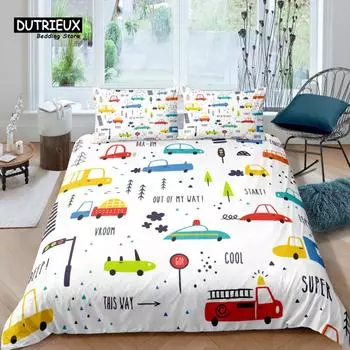 Home Living Luxury 3D Cartoon Car Bedding Set Excavator Duvet Cover Pillowcase Queen and King EU/US/AU/UK Size Comforter Bedding EU single(135x200cm)
