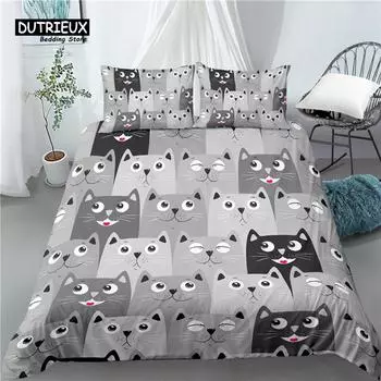 Home Living Luxury 3D Cartoon Cat Print 2/3Pcs Comfortable Duvet Cover PillowCase Bedding Sets Queen and King EU/US/AU Size EU single(135x200cm)