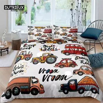 Home Living Luxury 3D Cartoon Engineering Vehicle Print 2/3Pcs Duvet Cover PillowCase Bedding Sets Queen and King EU/US/AU Size 150x200cm 3pcs