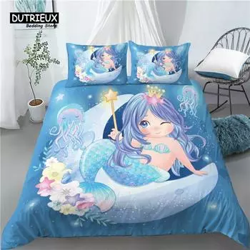 Home Living Luxury 3D Cartoon Mermaid Print 2/3Pcs Comfortable Duvet Cover PillowCase Bedding Sets Queen and King EU/US/AU Size EU single(135x200cm)