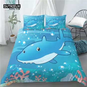 Home Living Luxury 3D Cartoon Shark Print 2/3Pcs Soft Duvet Cover and PillowCase Kids Bedding Sets Queen and King EU/US/AU Size EU single(135x200cm)