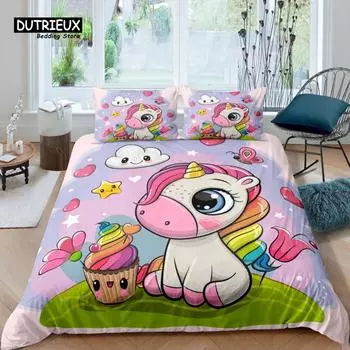 Home Living Luxury 3D Cartoon Unicorn Bedding Set Star Duvet Cover Pillowcase Queen and King EU/US/AU/UK Size Comforter Bedding EU single(135x200cm)