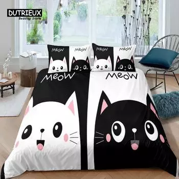 Home Living Luxury 3D Couple Cat Print Bedding Set Duvet Cover Pillowcase Kids Bedding Set Queen and King EU/US/AU/UK Size EU single(135x200cm)