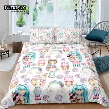 Home Living Luxury 3D Cute Girl Bedding Set Comfortable Duvet Cover Set Kids Bedding Set Queen and King EU/US/AU/UK Size EU single(135x200cm)