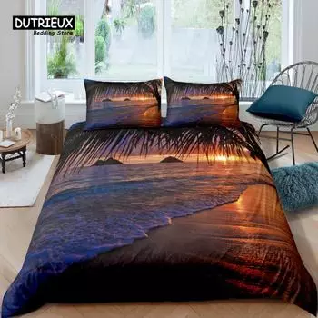 Home Living Luxury 3D Dusk Beach Bedding Set Duvet Cover Pillowcase Kids Bedding Set Queen and King EU/US/AU/UK Size EU single(135x200cm)