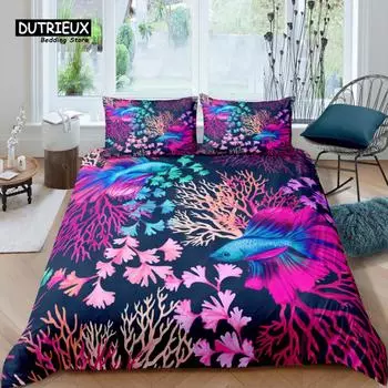 Home Living Luxury 3D Fish Coral Bedding Set Starfish Duvet Cover Pillowcase Queen and King EU/US/AU/UK Size Comforter Bedding EU single(135x200cm)