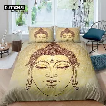 Home Living Luxury 3D Golden Buddha Bedding Set Ethnic Duvet Cover Pillowcase Queen and King EU/US/AU/UK Size Comforter Bedding EU single(135x200cm)
