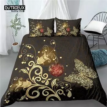 Home Living Luxury 3D Golden Butterfly Print 2/3Pcs Soft Duvet Cover PillowCase Bedding Sets Kids Queen and King EU/US/AU Size EU single(135x200cm)