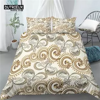 Home Living Luxury 3D Golden Paisley Print 2/3Pcs Soft Duvet Cover PillowCase Bedding Sets Kids Queen and King EU/US/AU Size US Queen(228x228cm)