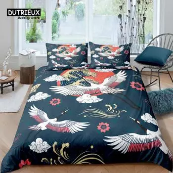 Home Living Luxury 3D Japanese Crane Bedding Set Fish Duvet Cover Pillowcase Kids Bedding Set Queen and King EU/US/AU/UK Size EU single(135x200cm)