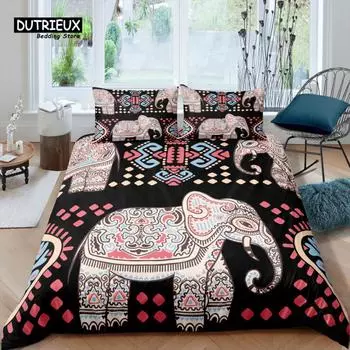 Home Living Luxury 3d Lotus Ethnic Elephant Bedding Set Duvet Cover Pillowcase Kids Bedding Set Queen and King EU/US/AU/UK Size EU single(135x200cm)