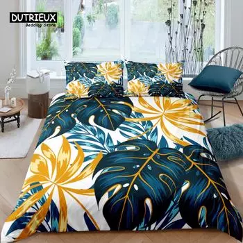 Home Living Luxury 3D Palm Leaves Bedding Set Kids Duvet Cover Pillowcase Flower Bedding Set Queen and King EU/US/AU/UK Size EU single(135x200cm)
