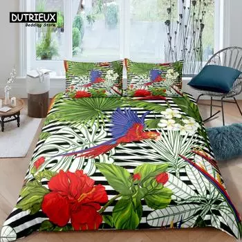 Home Living Luxury 3D Parrot Bedding Set Leaves Duvet Cover Set Pillowcase Kids Bedding Set Queen and King EU/US/AU/UK Size EU single(135x200cm)