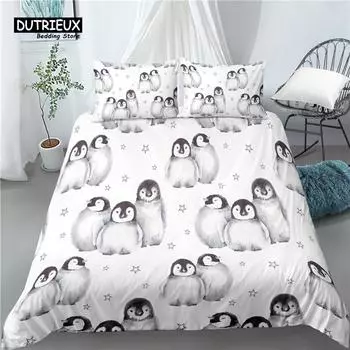 Home Living Luxury 3D Penguin Print 2/3Pcs Comfortable Duvet Cover PillowCase Bedding Sets Queen and King AU/EU/US Size EU single(135x200cm)