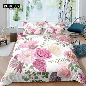 Home Living Luxury 3D Pink Flower Bedding Set Kids Duvet Cover Pillowcase Rose Bedding Set Queen and King EU/US/AU/UK Size EU single(135x200cm)