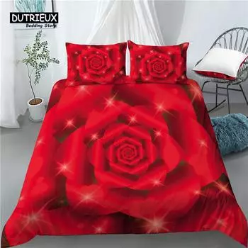 Home Living Luxury 3D Red Rose Print 2/3Pcs Soft Duvet Cover and PillowCase Kids Bedding Set Queen and King EU/US/AU Size EU single(135x200cm)