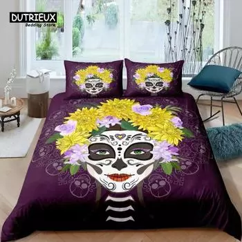 Home Living Luxury 3D Skull Girl Bedding Set Flower Duvet Cover Pillowcase Queen and King EUUSAUUK Size Comforter Bedding 70x133cm 2pcs