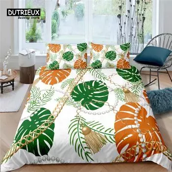 Home Living Luxury Golden Chain and Leaves Print 2/3Pcs Duvet Cover Set Queen Size and King Size Kid Bedding Set EU/US/AU Size EU single(135x200cm)