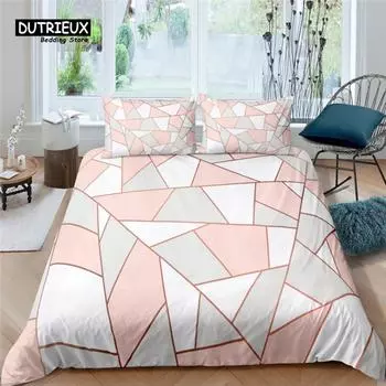 Home Living Luxury Pink Geometry Print 2/3Pcs Soft Duvet Cover PillowCase Queen Size and King Size Kid Bedding Set EU/US/AU Size EU single(135x200cm)