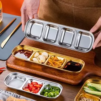 Home Spice Stainless Steel Kitchen Soy Sauce Dish Spice Plates Seasoning Container Condiment Tray gold-3 Grids