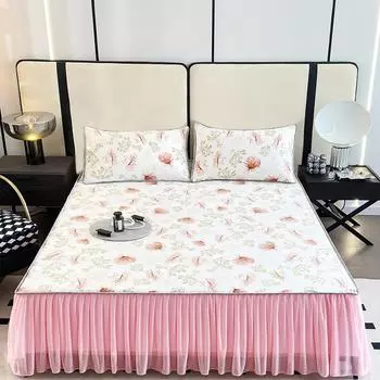 Home summer washed ice silk bed skirt bedspread princess style ice cool bed sheet non-slip three-piece set machine washable bedding 120x200cm