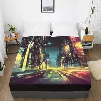Домашний текстиль Простыня на резинке с узором «Городская ночь» Чехол для матраса с 3D-принтом Простыня с эластичной резинкой Постельное белье Отдельный предмет 120x200 3pcs