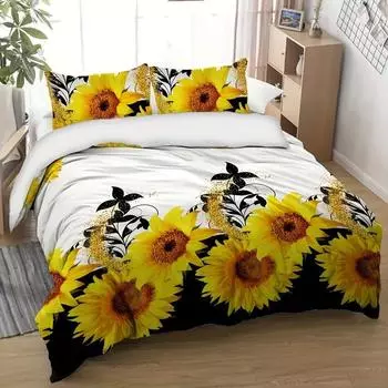 Home Textiles Fresh Sunflower Three-Piece Digital Printing Quilt Pillowcase Bedding EU single 135*200