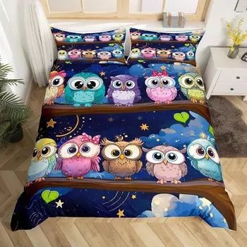 Home Textiles Owl Three-Piece Animal Digital Printing Quilt Pillowcase Bedding EU single 135*200