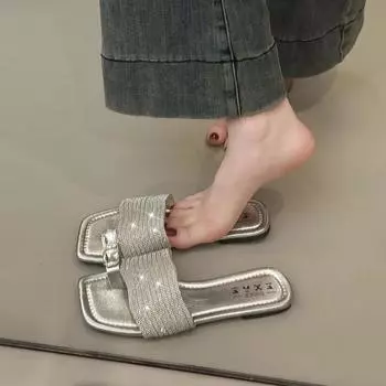 Home versatile rhinestone cool slippers women s summer wear new fashion flat bottom one-word drag 35