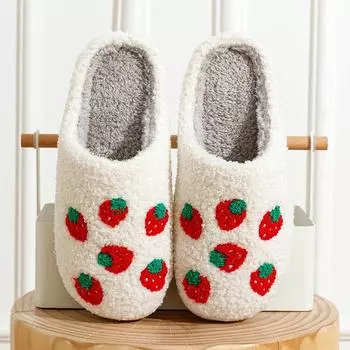 Home Women Slippers Strawberry Casual Faux Fur Warm House Shoes Girls Bedroom Comfy Home Flat Slip-on Slides Chaussure Shoes 39-40