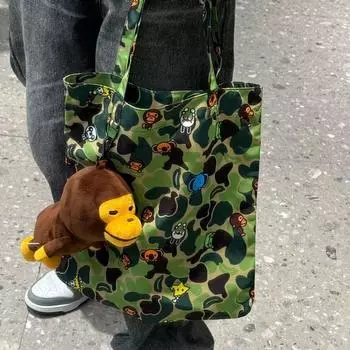 Homegirl Same Bag New Canvas Bag Storage Doll Satchel Tote Bag Camouflage Cartoon Monkey Pendant Underarm Bag Camouflage bag + monkey pendant