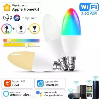 HomeKit Tuya WiFi Умные лампочки Диммируемые RGBCW E14 Светодиодные лампы Лампа-свеча Приложение Smart Life Голосовое управление для Siri Alexa Google