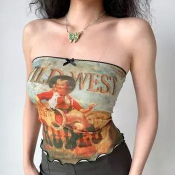 Homemade Fashion Wind Sexy Print Flat Mouth Outwear Tube Top Image color S