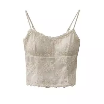 Homemade Summer New Arrival French Style Retro Elegant Embroider Lace Ribbon Chest Pad Short Small Sling Vest Thai Tops Apricot color S