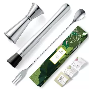 Homestia Набор для бармена из нержавеющей стали, джиггер, чашка, барная ложка, 30 см, мадлер, измельчитель фруктов, 24 см, 8/18, 30 мл/60 мл серебряный